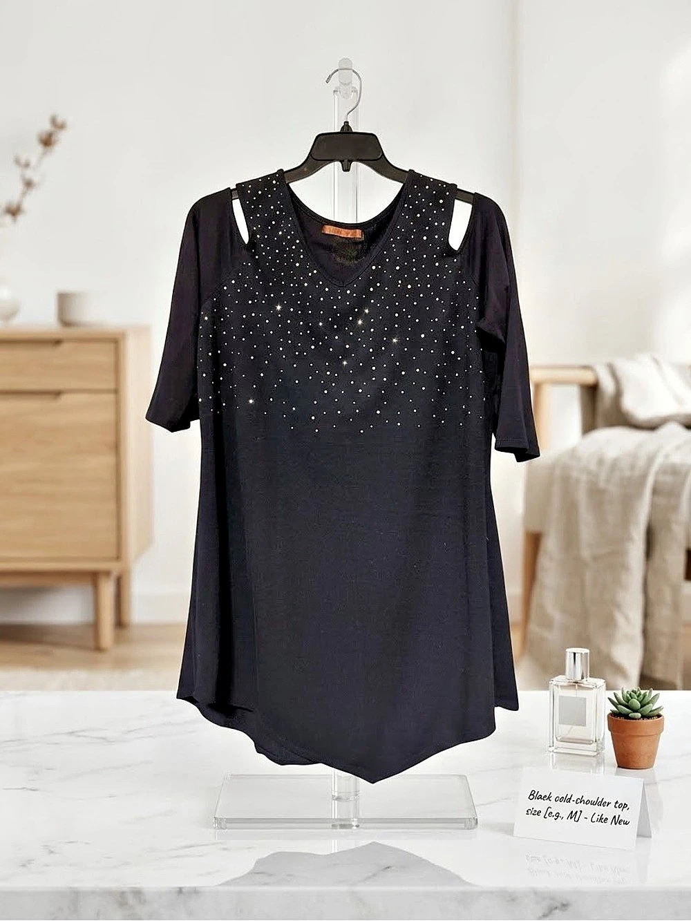Bellini Navy Blue Embellished Open Shoulder Sleeve Top Like New